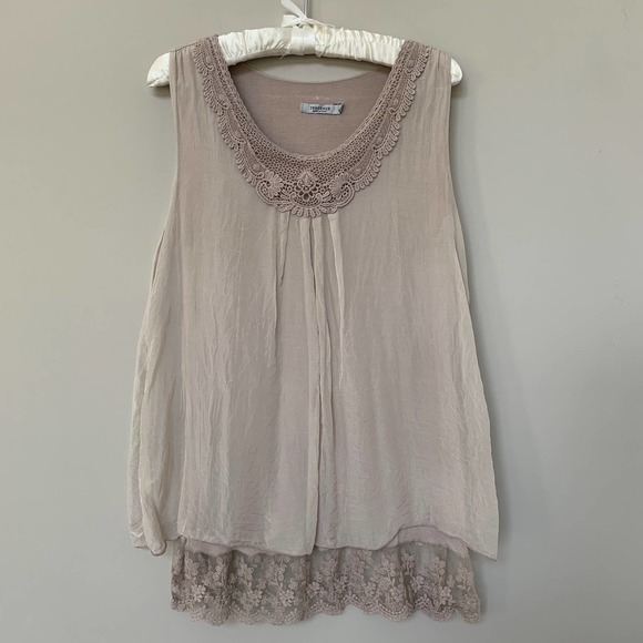Tendenze Tops - Tendenze light taupe silk sleeveless blouse tunic lace trim viscose lining Large
